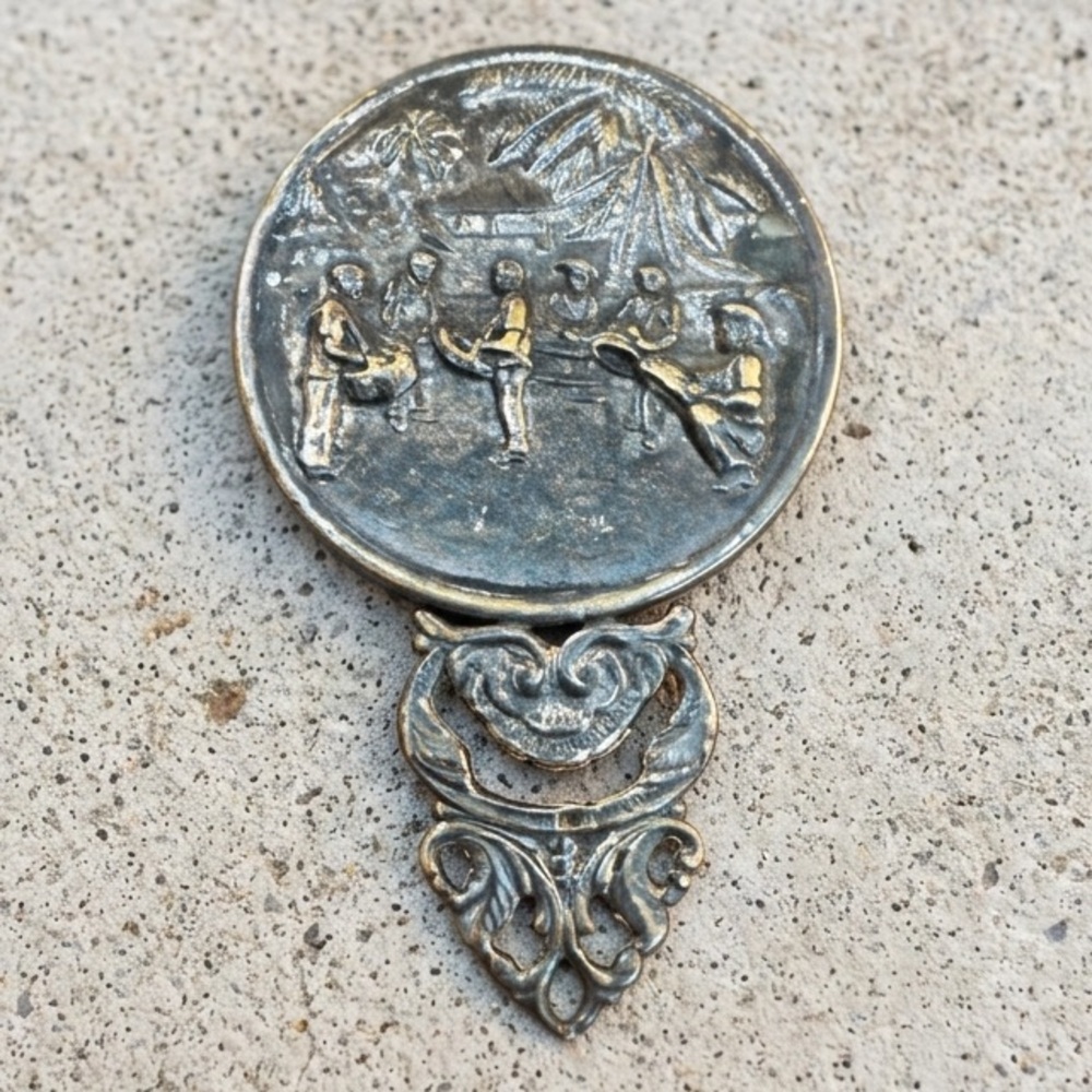Vintage Hans Jensen Denmark Silverplate Hand Mirror Village Scene #23 Drummer